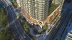 A view of Heron's geometric facade and green roof in Water Street Tampa
